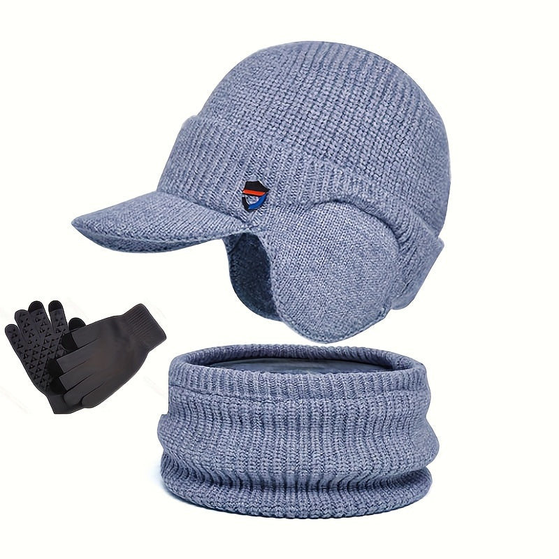 Unisex Winter Set Strickmütze mit Visier und Ohrenklappen, Rundschal und Handschuhe