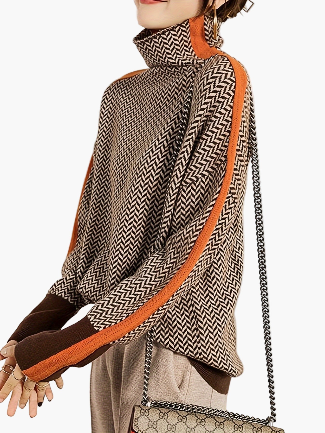 Damen Eleganter Strickpullover mit Stehkragen und modernem Patchwork-Muster – Herbst/Winter Freizeit & Büro