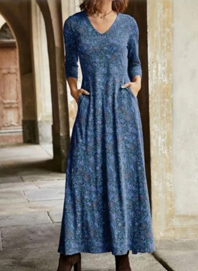 Damen Boho-Maxikleid mit V-Ausschnitt & 3/4-Ärmeln – Lässige Eleganz für Alltag & Freizeit