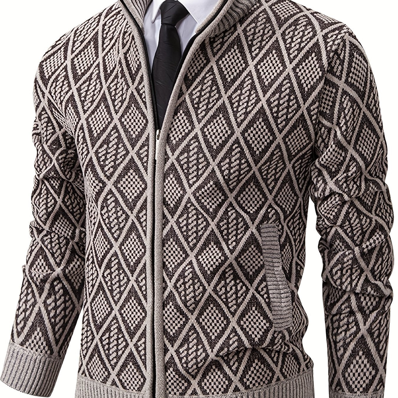 Herren Strickjacke Rautenmuster Stehkragen Reißverschluss Feinstrick Casual