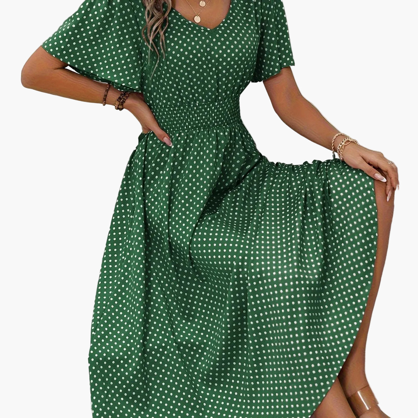 Damen Polka Dot Sommerkleid mit V-Ausschnitt – Elegantes Freizeit Maxikleid