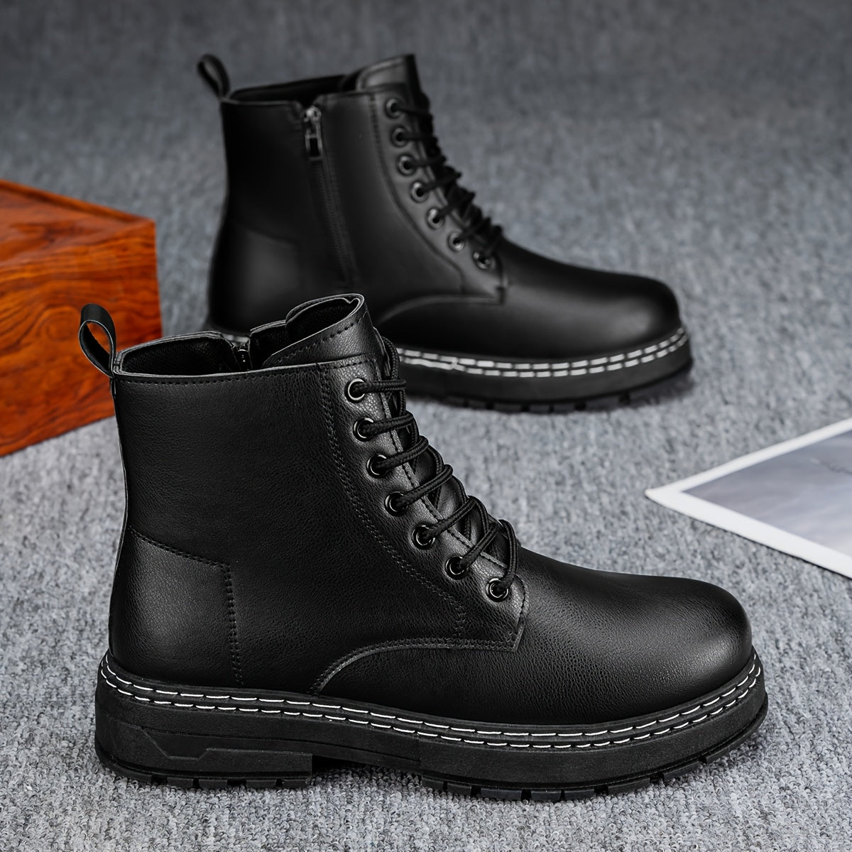 Schwarze Schnürstiefel Hohe Stiefeletten mit Ziernähten