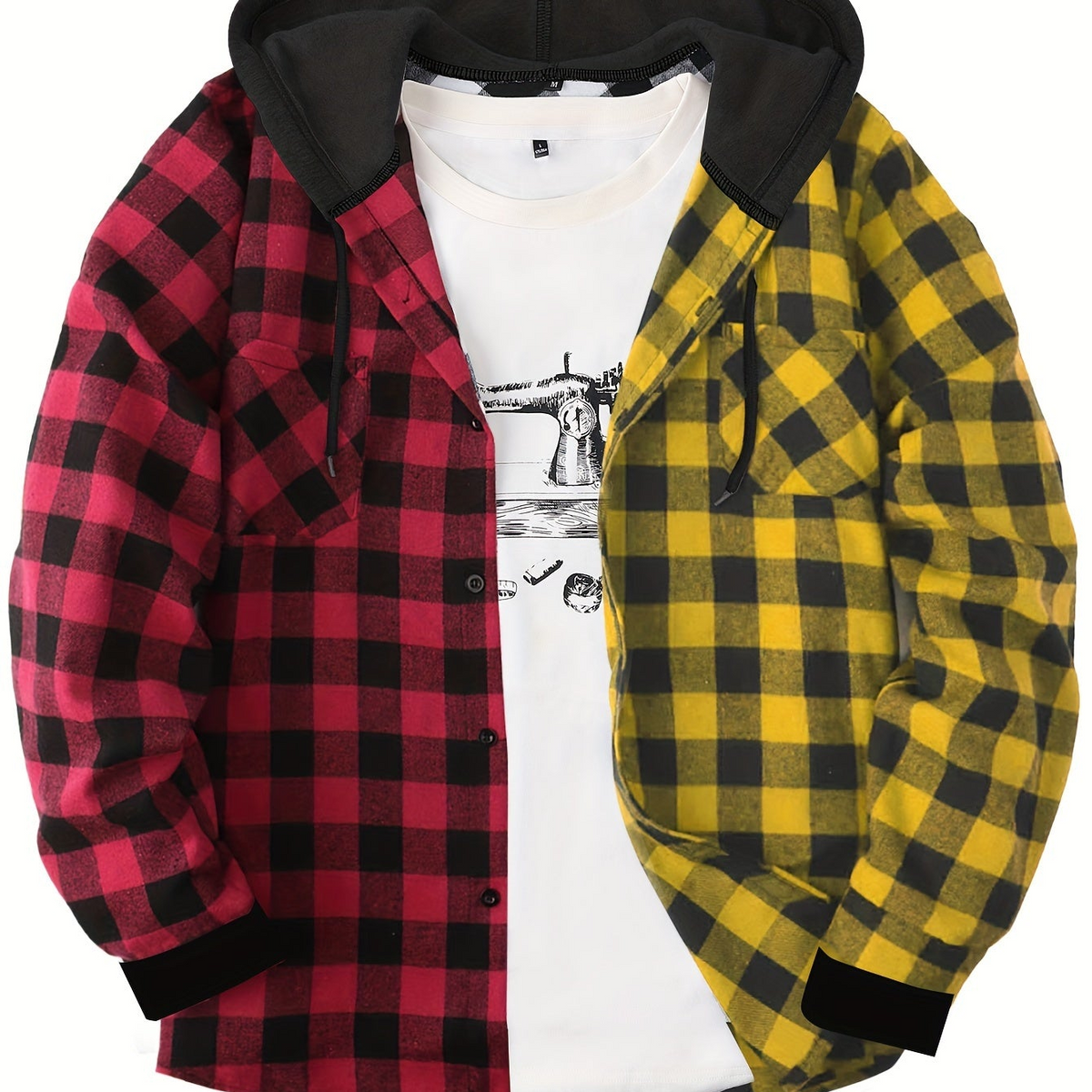 Unisex Kariertes Hemdjacke mit Kapuze Button-Down Langarm Freizeithemd