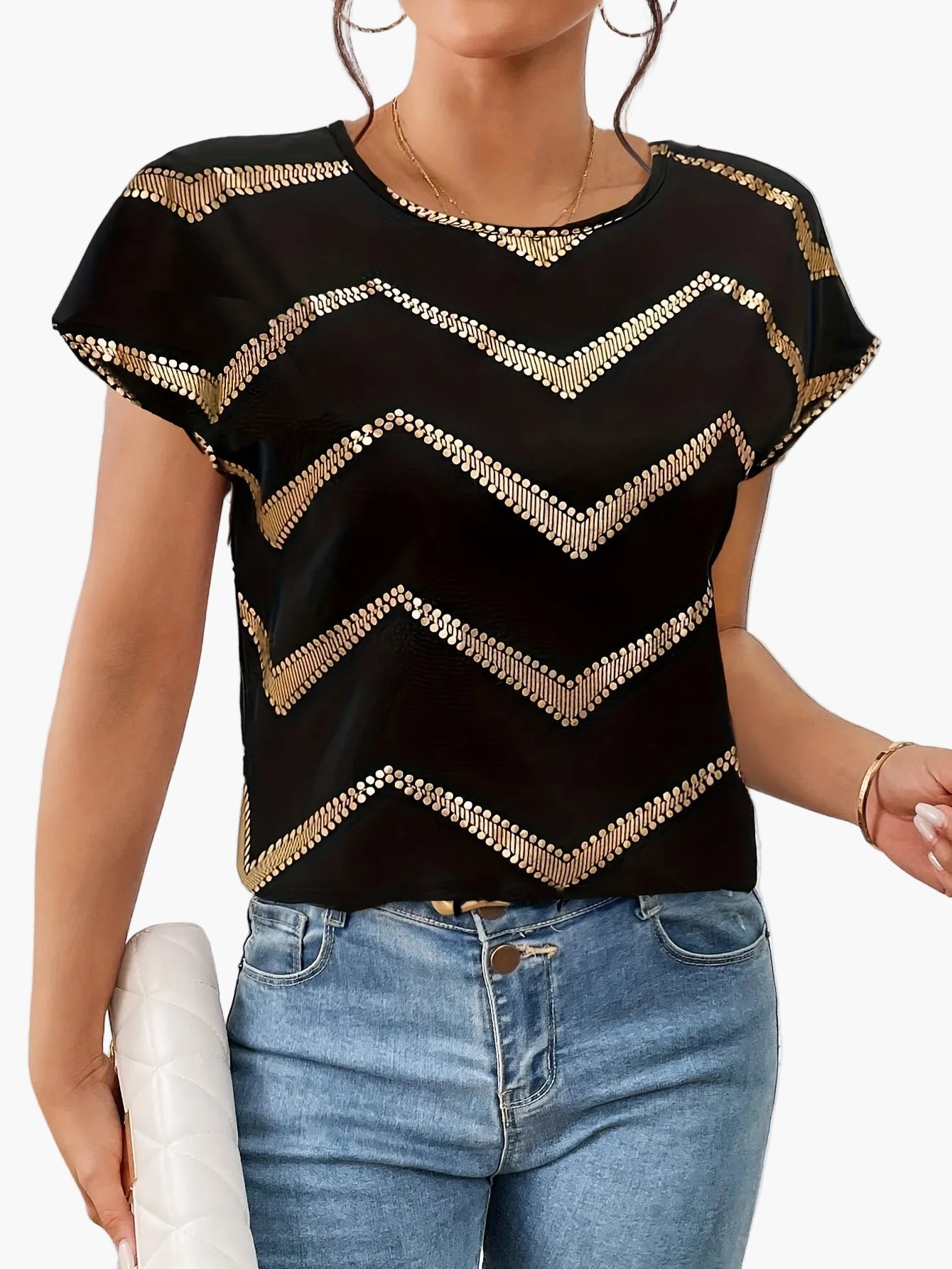 Damen Elegantes Party Shirt mit Glänzendem Zickzack-Muster – Stilvolles Kurzarm Top für Freizeit und Ausgehen