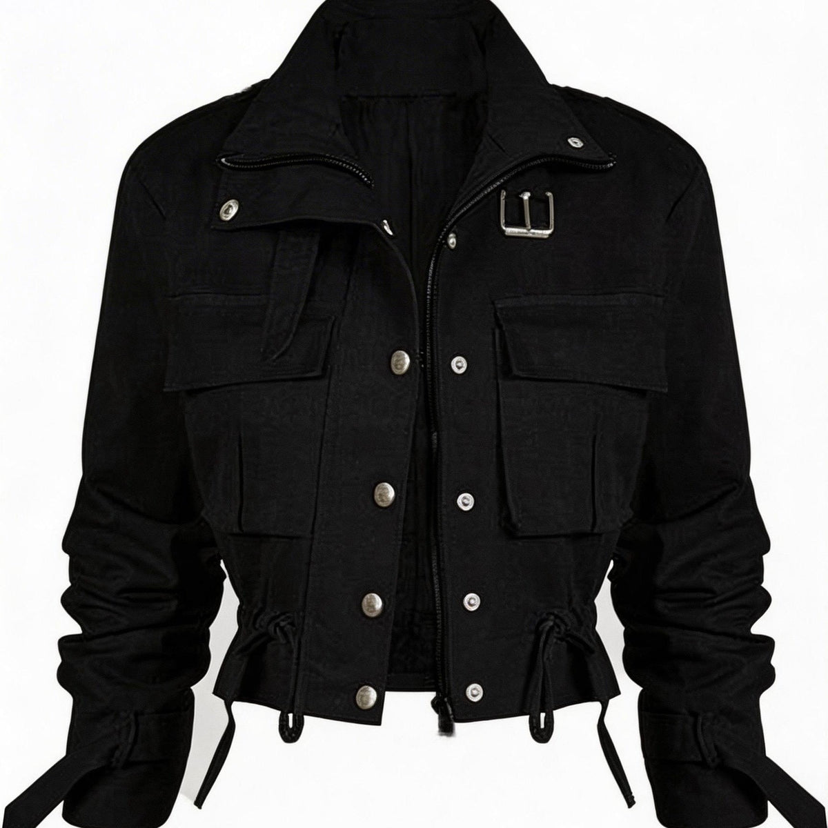Kurze Damen Übergangsjacke mit Klappentaschen, Kordelzug und Kragen-Schnalle