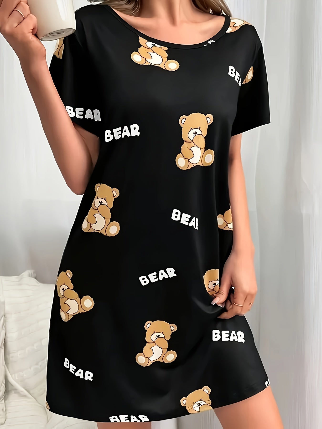 Damen Nachthemd mit Bären-Print – Bequemes Cartoon-Tunika Schlafkleid für Erwachsene