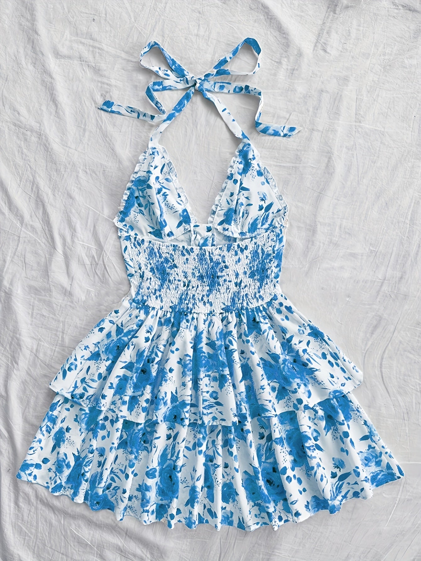 Damen Volant-Minikleid mit Rosenmuster und Schnürung – Sommer, Elegant, Festlich