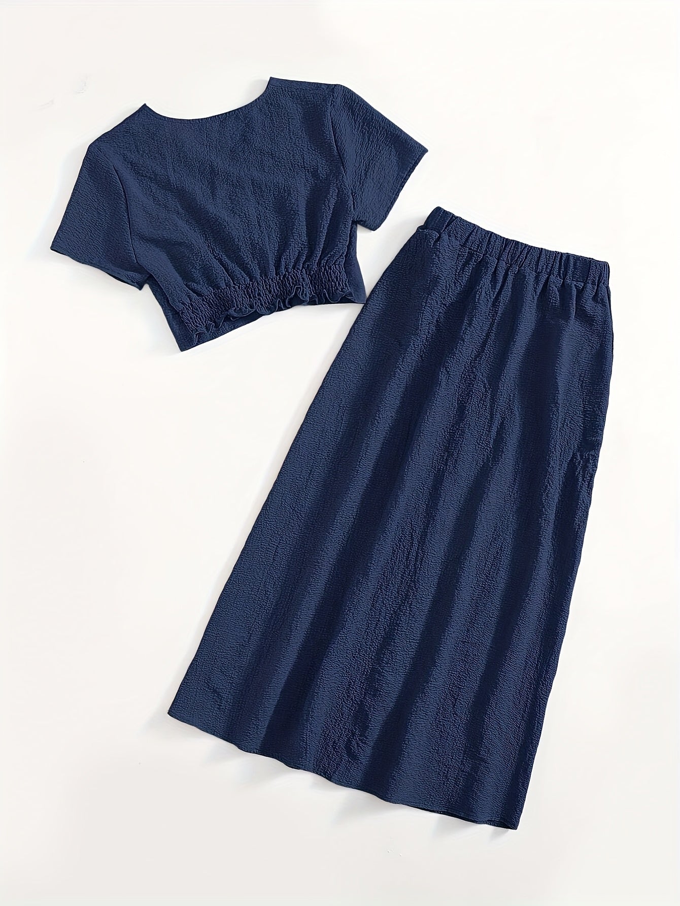 Damen Zweiteiliges Set mit Kurzarm Crop Top und Knopfleiste, Eleganter A-Linien Midi Rock, Modischer Freizeit-Look