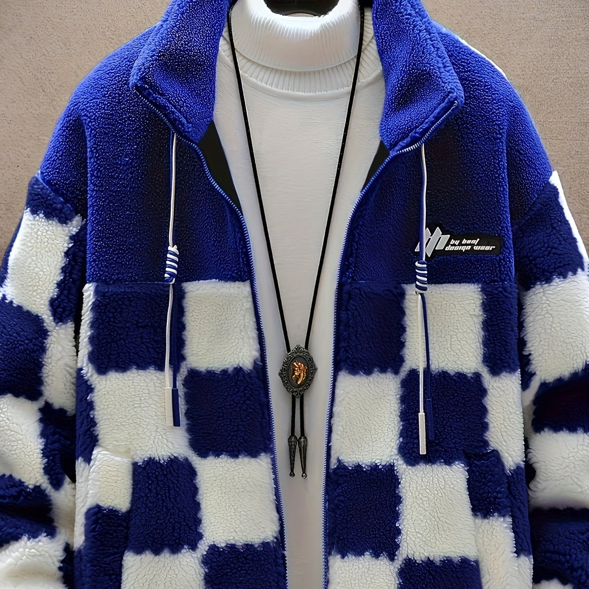 Unisex Teddyfleece Jacke mit Stehkragen und Schachbrettmuster