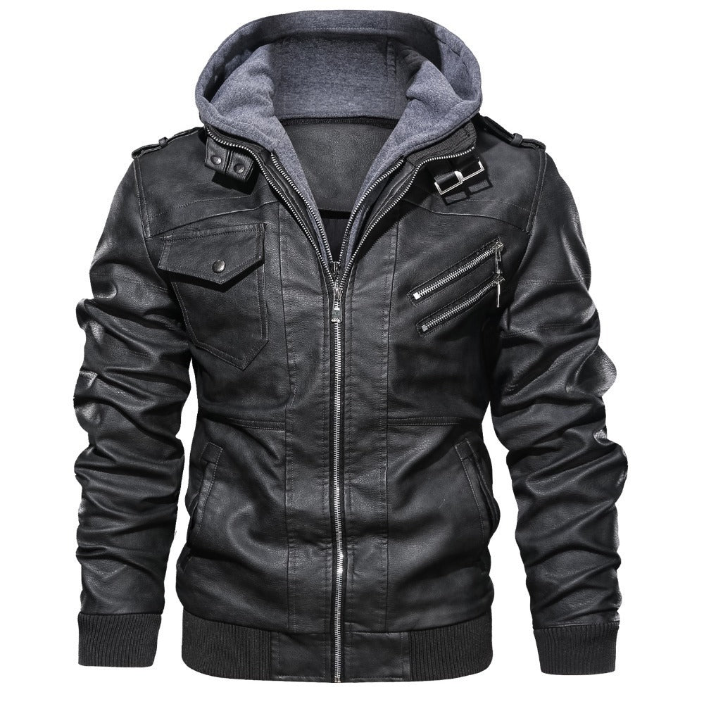 Herren Jacke mit Kapuze in Leder-Optik Reißverschlüssen