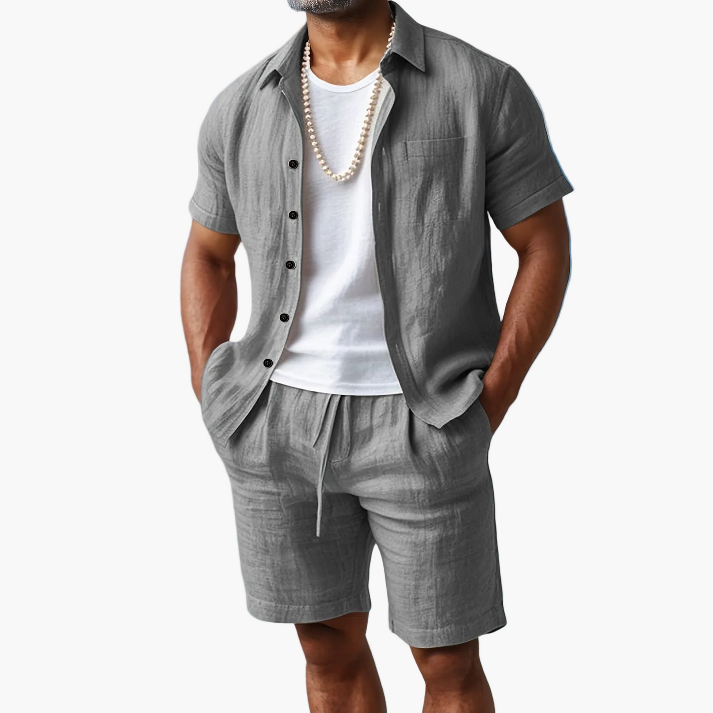 Herren Leinen-Look Strand Outfit Set – Kurzarm Hemd & Shorts, Lässig Sommer Boho