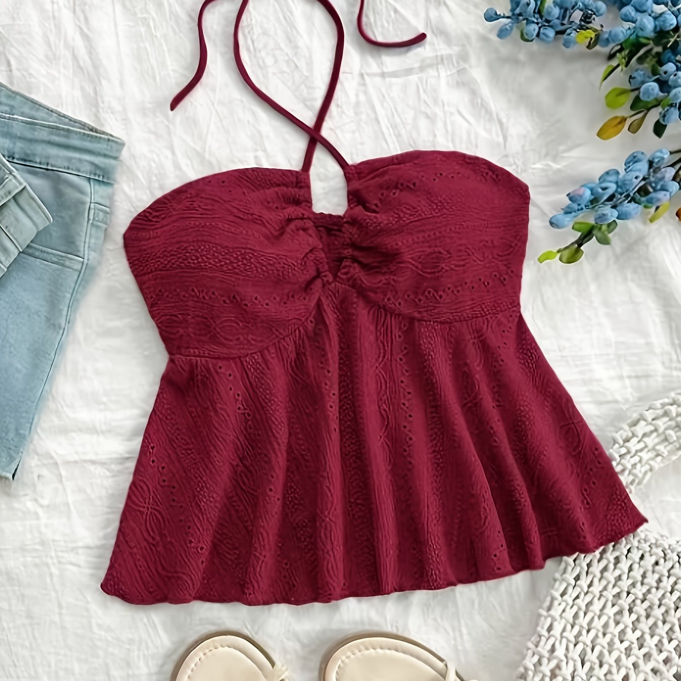 Damen Halter Babydoll Top mit Stickerei und Vintage-Charme – Verspieltes Sommertop