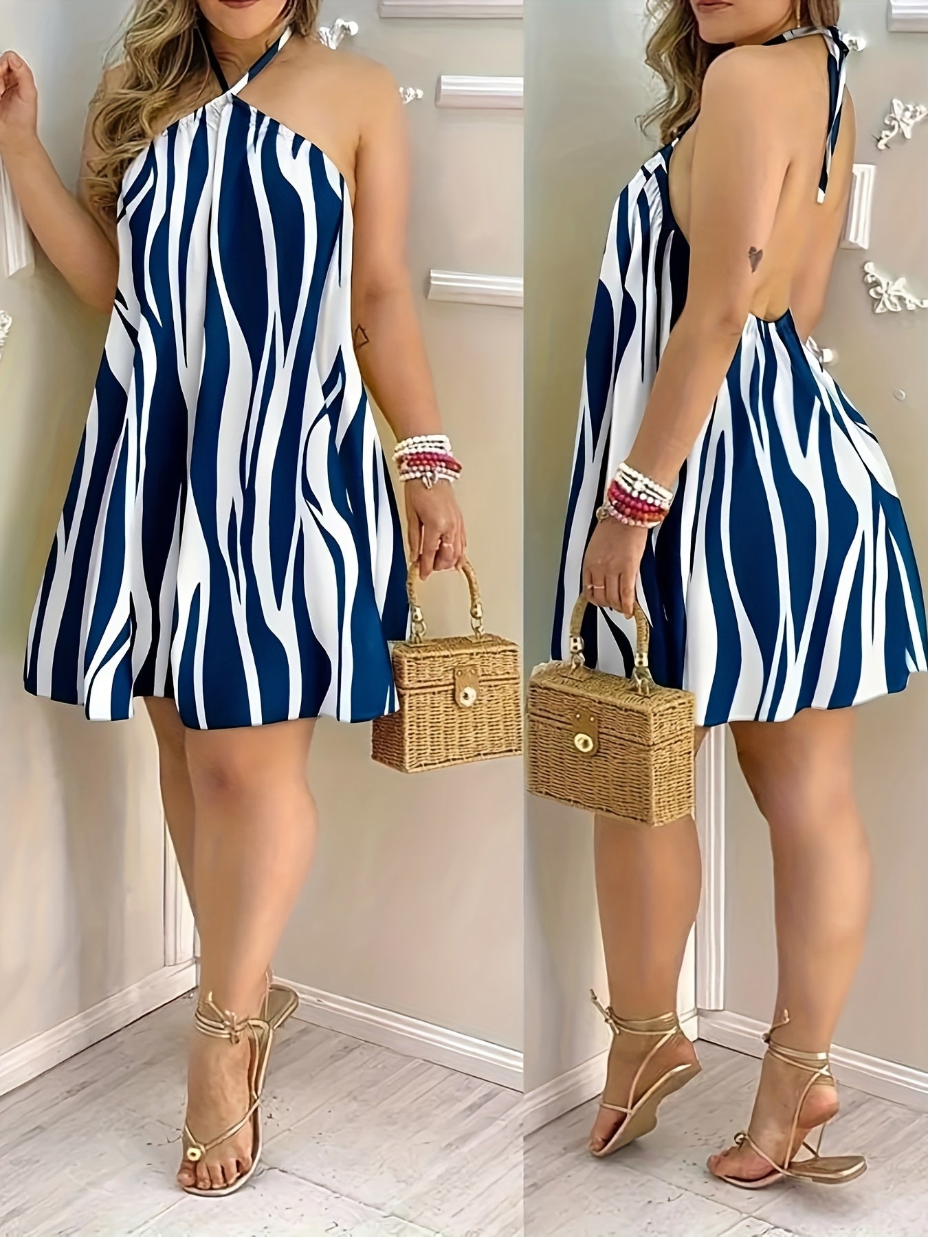 Damen Mini-Kleid mit abstraktem Print und offenem Rücken – Sommerliches Freizeitkleid mit Halterneck