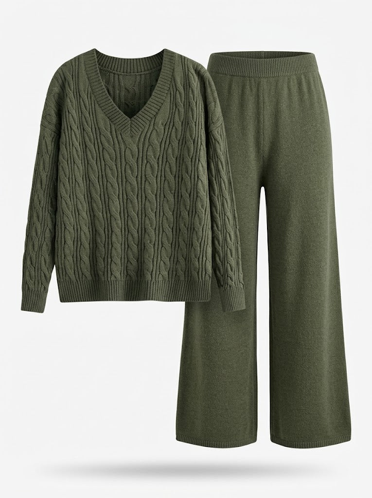 Strick-Set Damen mit Zopfmuster Pullover & weiten Hosen, V-Ausschnitt Strickpullover & weite Hose