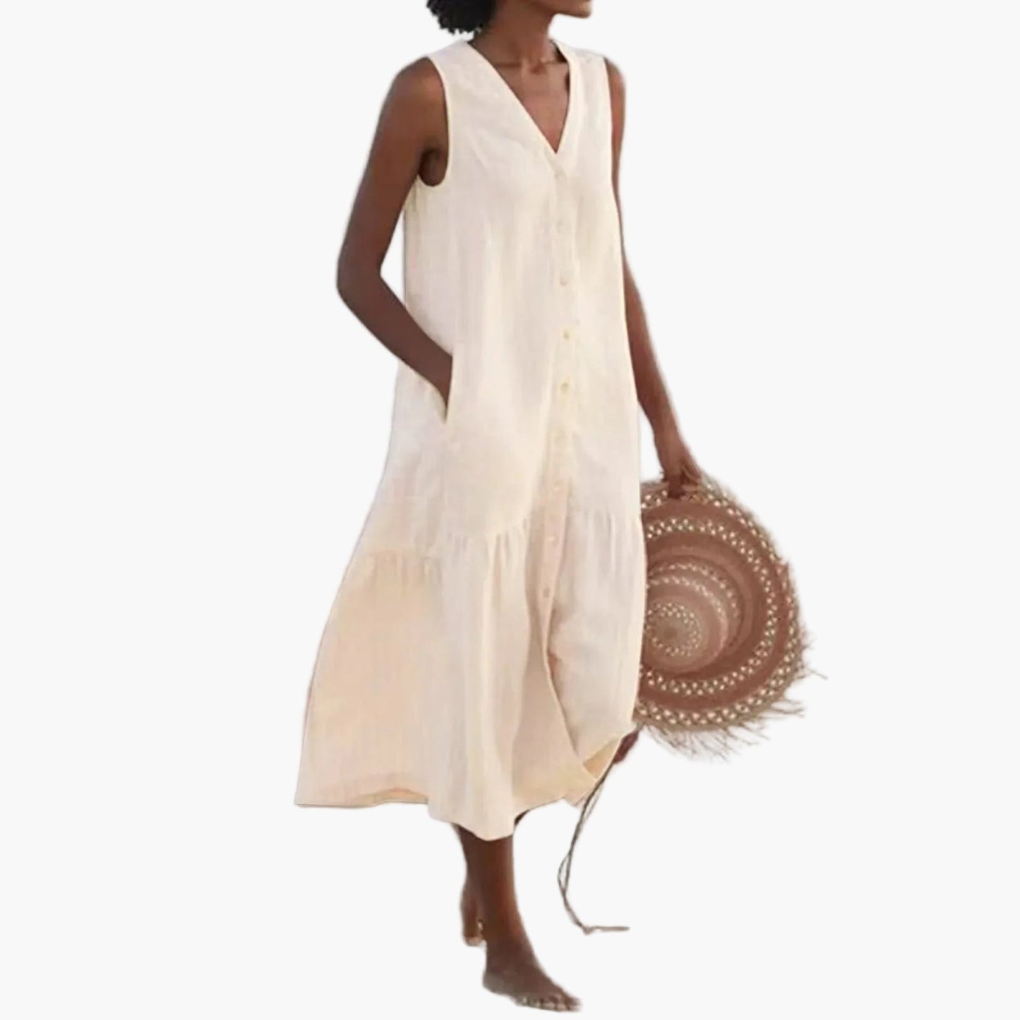 Damen Sommer Strandkleid ärmellos V-Ausschnitt Knopfleiste Freizeitkleid