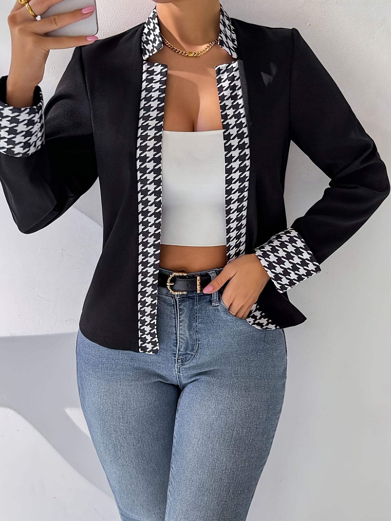 Damen Blazer mit Hahnentritt-Design – Eleganter Business- und Casual-Look