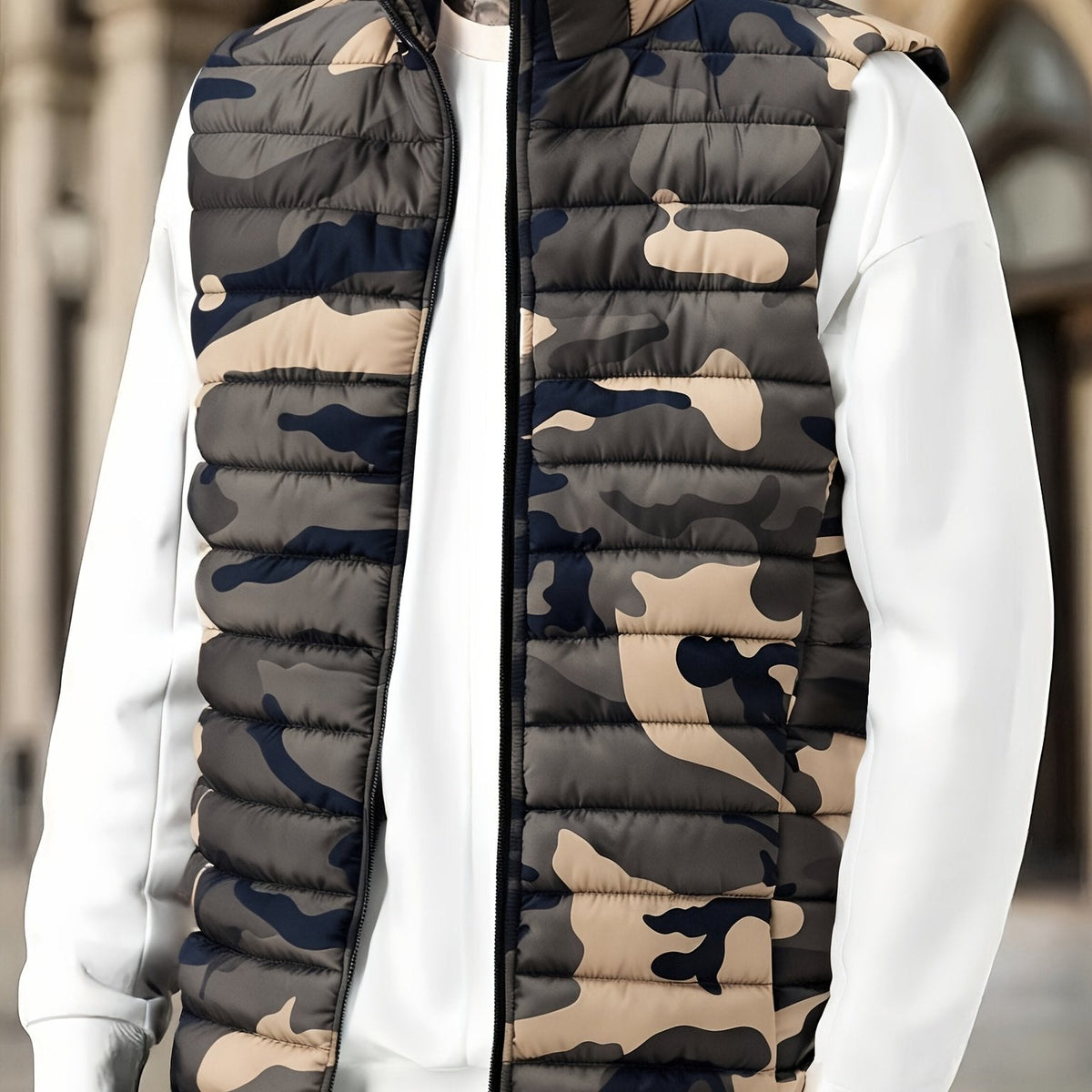 Unisex Steppweste Camouflage, Olivgrün/Braun/Schwarz, Ärmellos, Reißverschluss