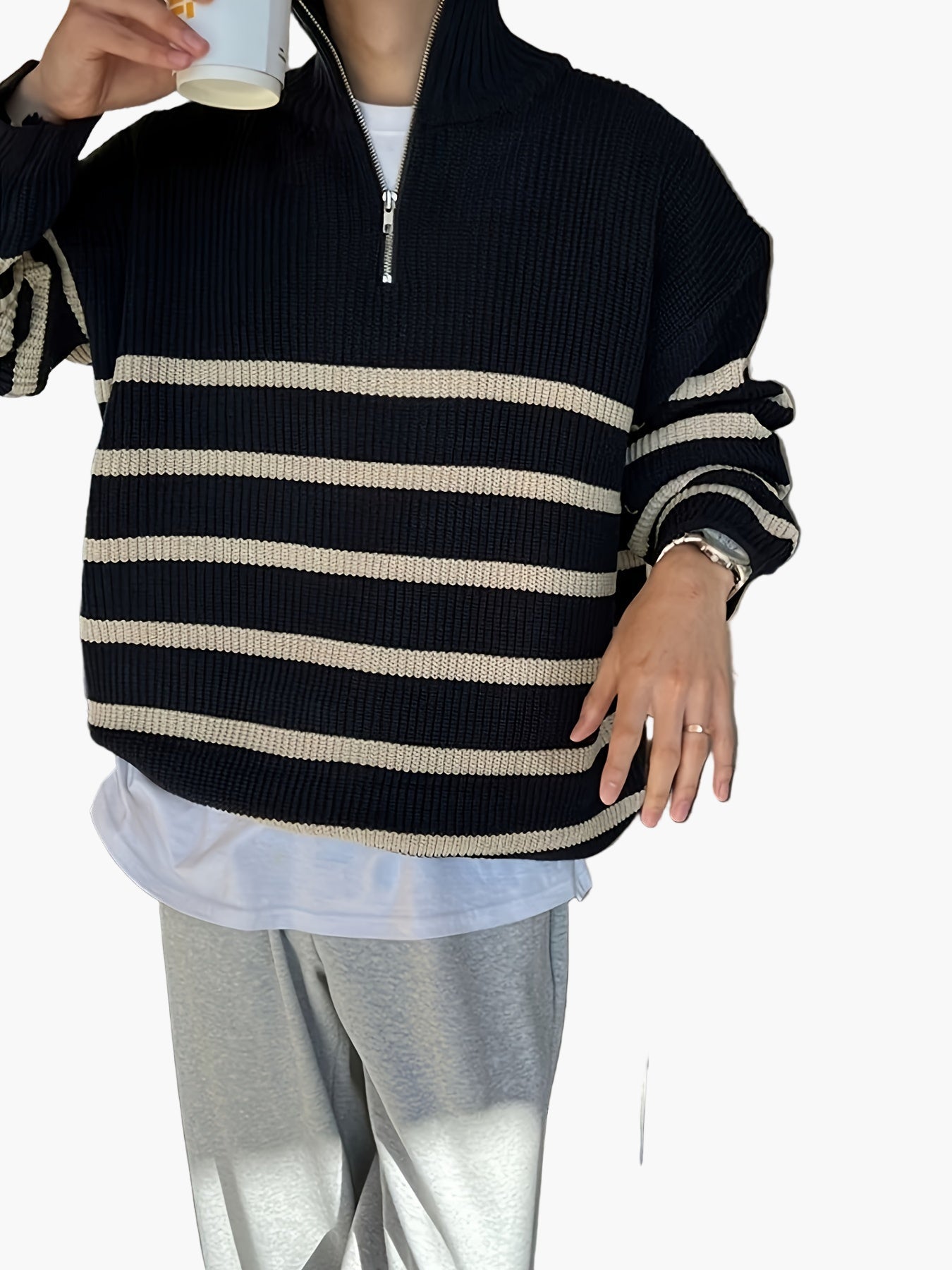 Herren Strickpullover mit Stehkragen und Reißverschluss – Gestreifter Casual Look für Herbst & Winter