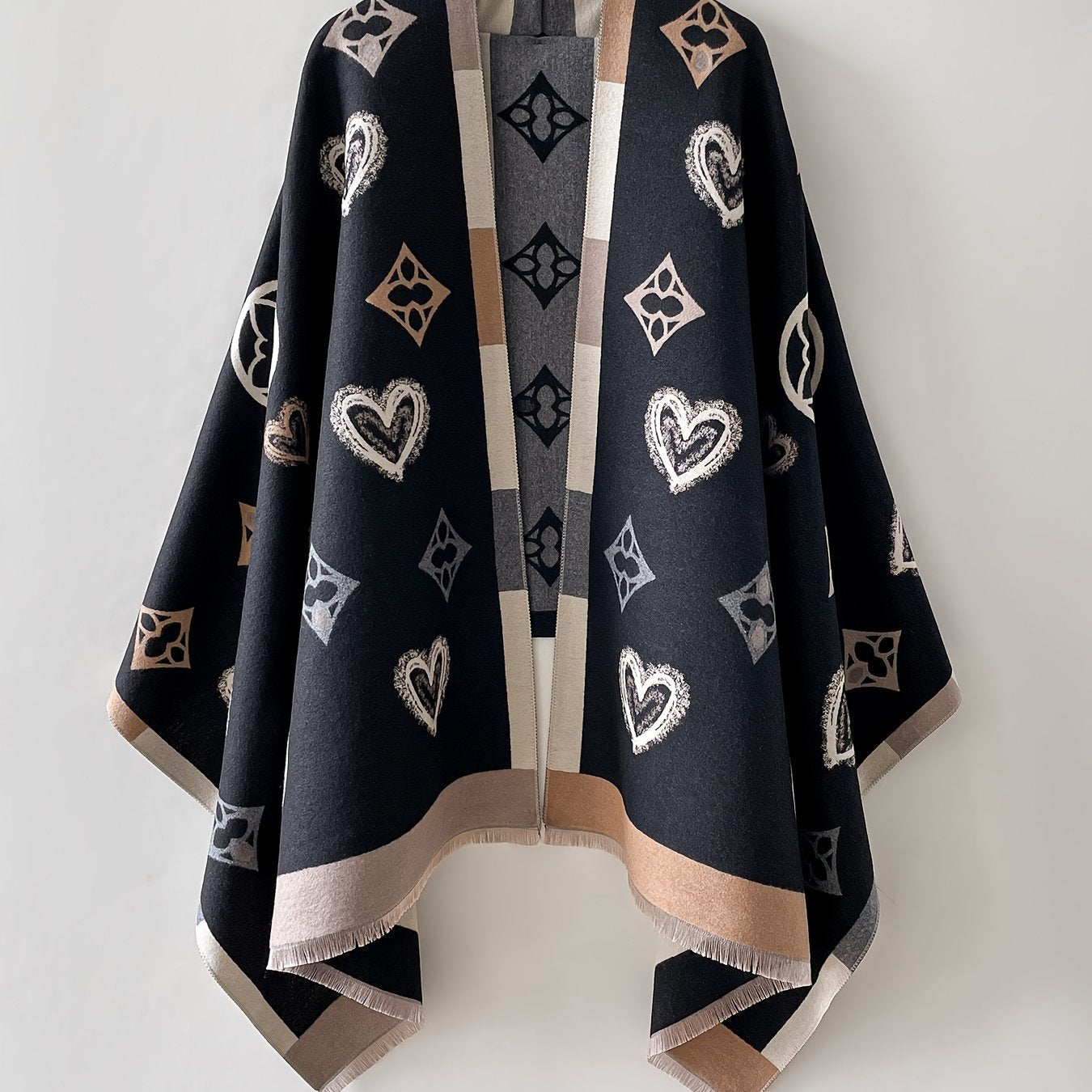Damen Poncho mit Herz- und Muster-Print, Weicher Umhang mit Fransen, Einheitsgröße