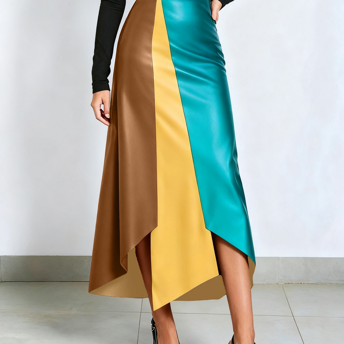 Damen Midirock in A-Linie mit Color-Blocking und asymmetrischem Saum