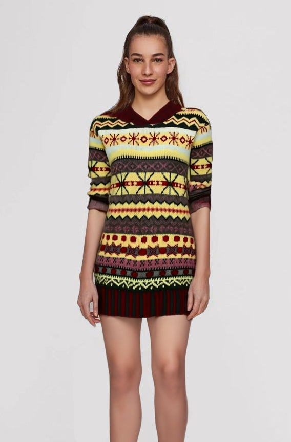Damen Strickkleid Mehrfarbig Nordisches Muster Minikleid Langarm mit Polokragen