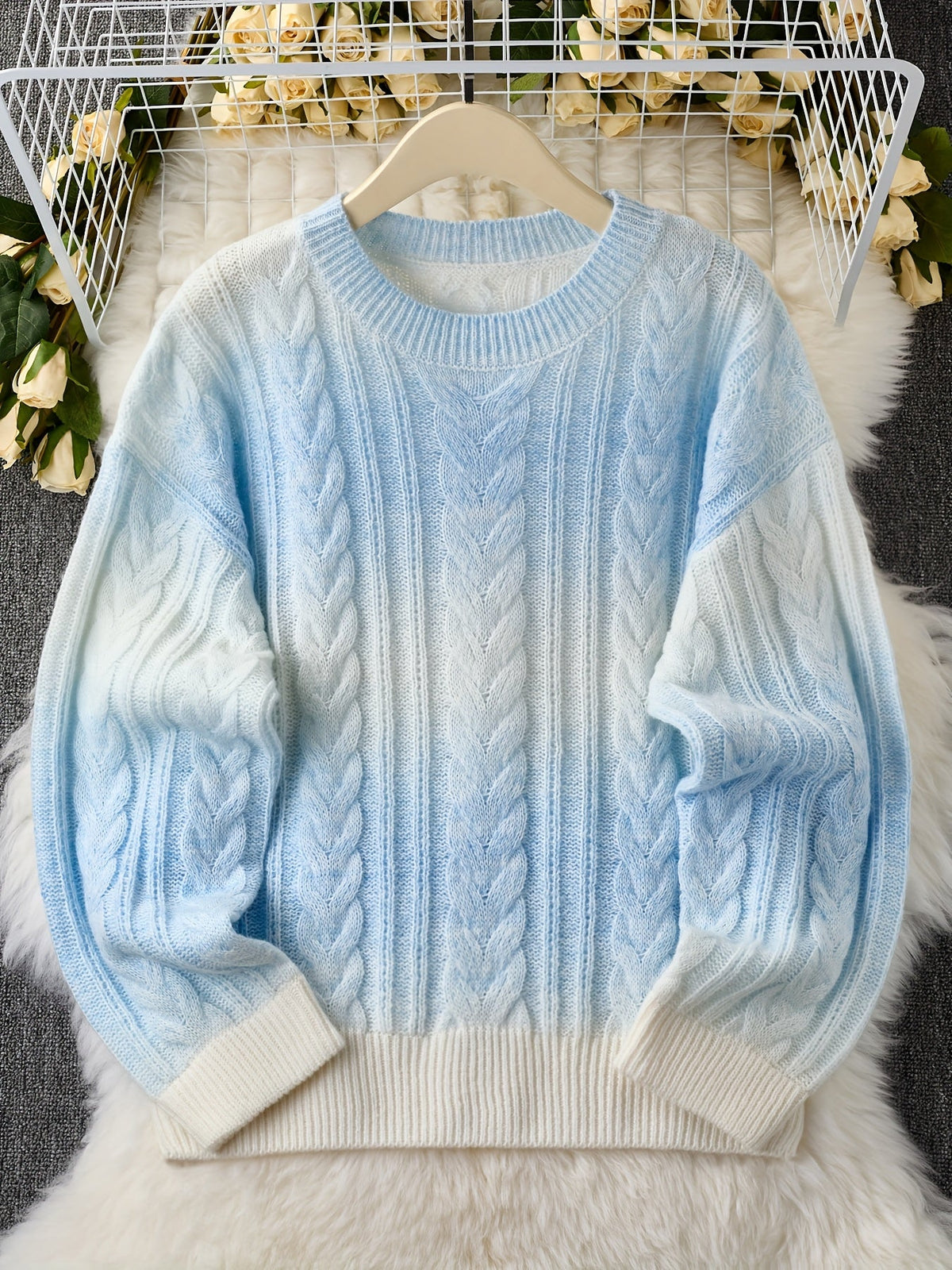 Damen Grobstrickpullover Hellblau Weiß Zopfmuster Rundhals Weicher Pullover