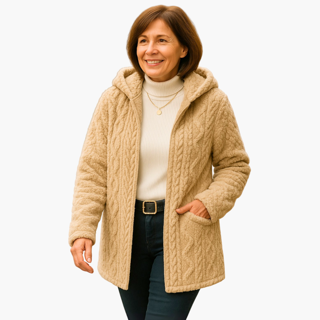 Damen Fleece-Kapuzenjacke im Strick-Look – Bequeme Freizeitjacke für Herbst und Winter