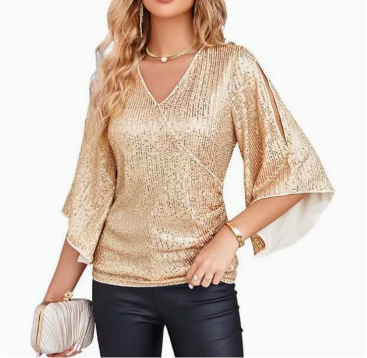 Alice – Pailletten T-Shirt für Damen, Kurzarm, mittellang