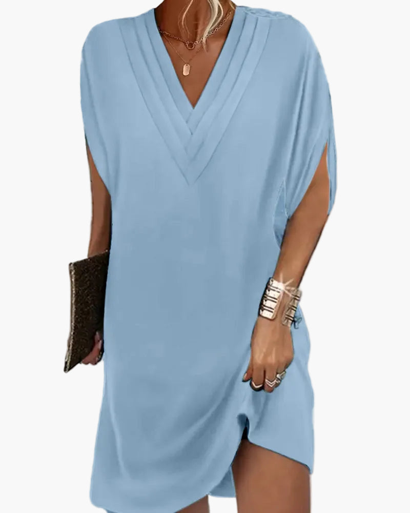 Damen Kleid Elegant V-Ausschnitt Kurzarm Sommer Freizeitkleid mit Schlitz