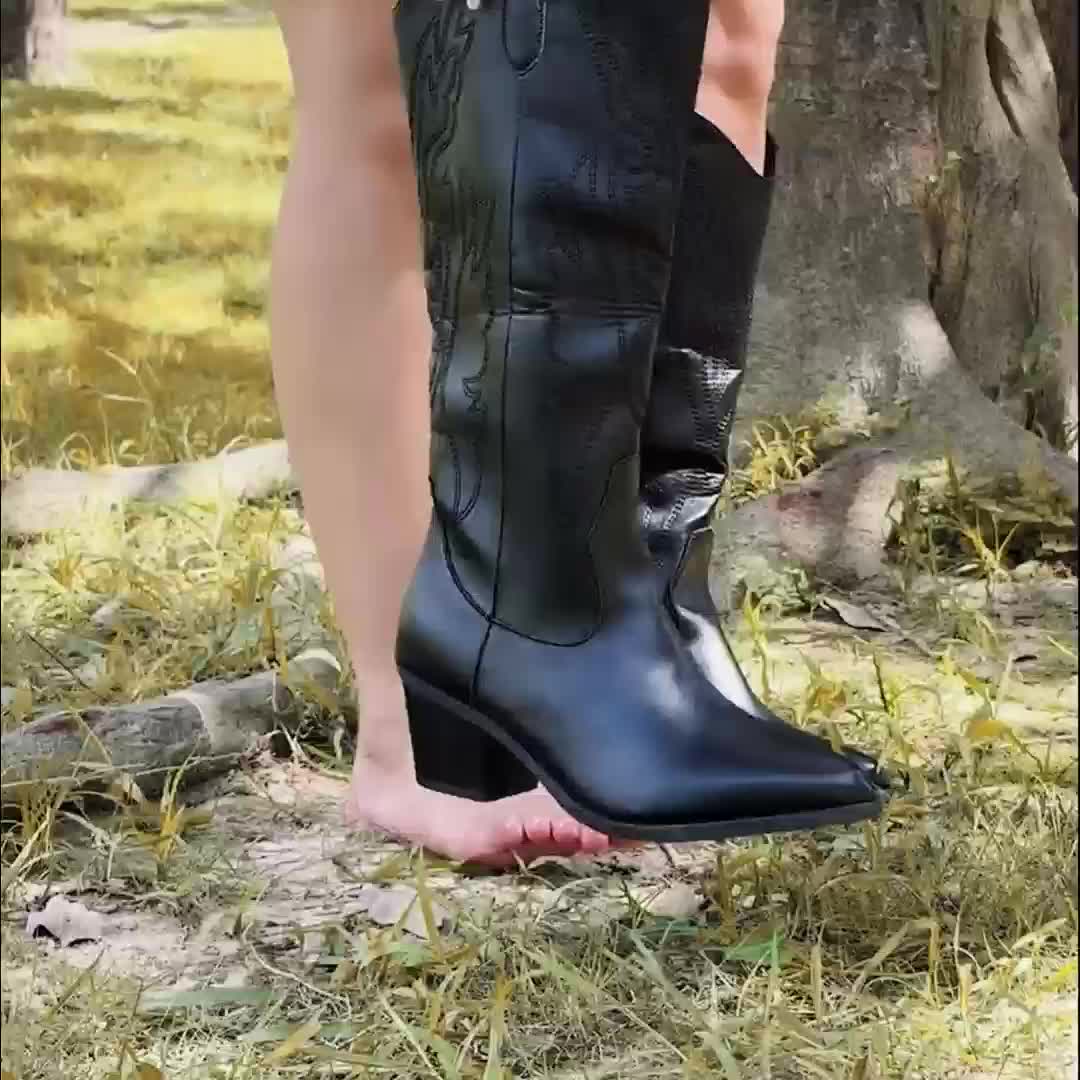 Damen Westernstiefel Schwarz Kniehoch mit Stickerei Blockabsatz