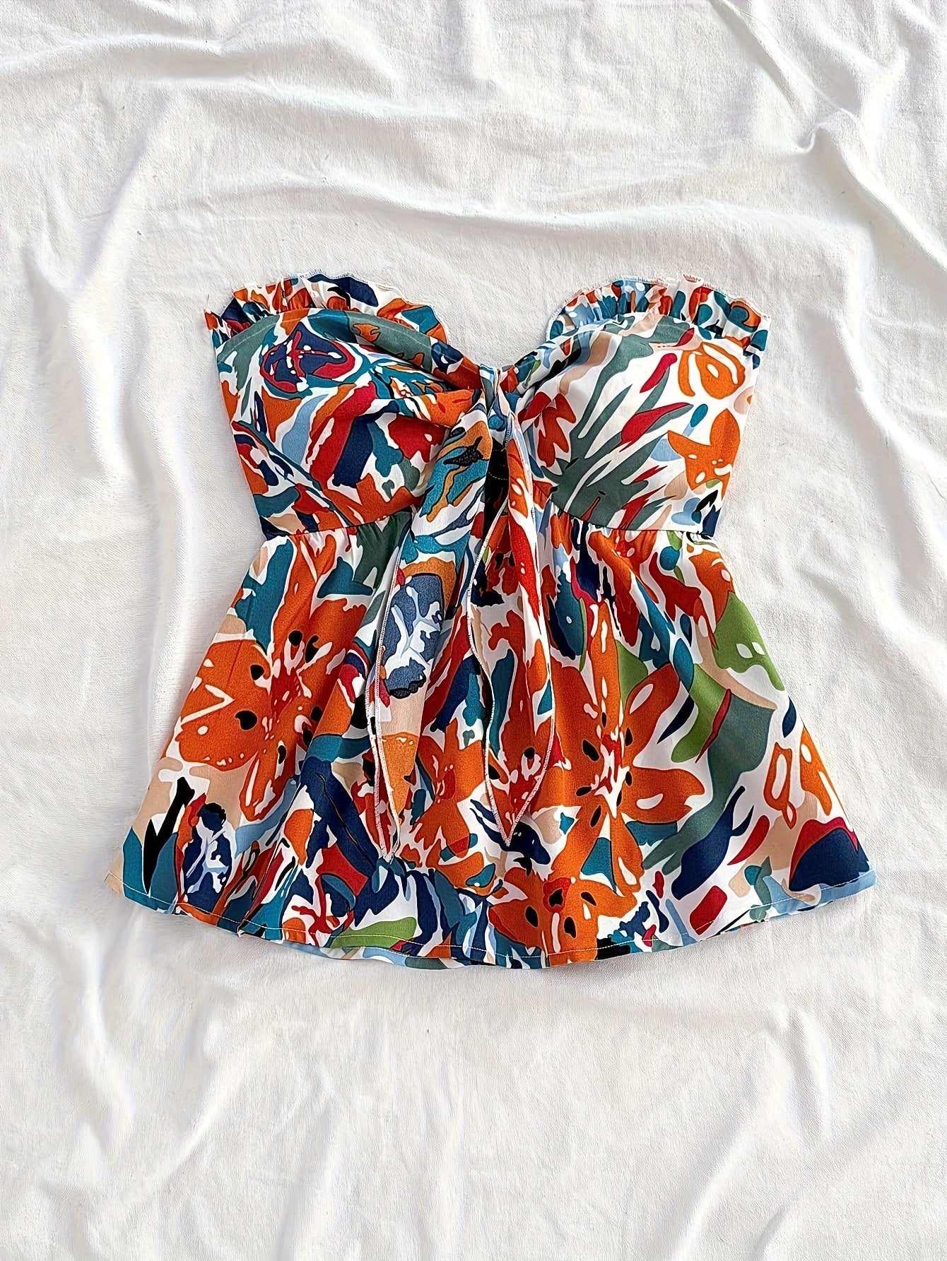 Damen Bandeau Crop Top mit Knotendetail und Blumenmuster – Sommerliches Freizeit- und Strand-Outfit