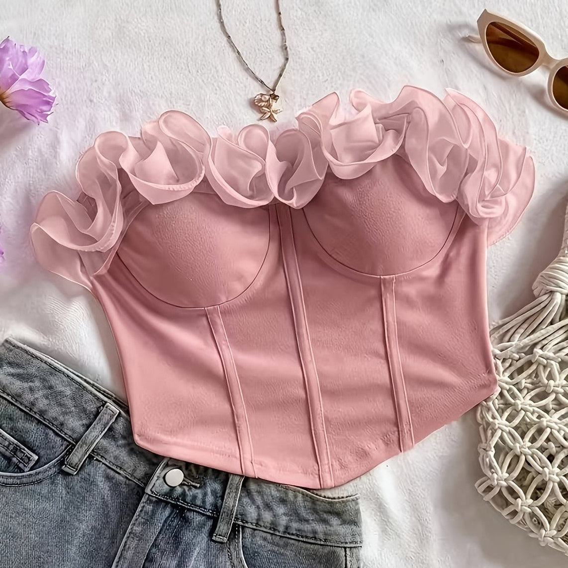 Damen Bustier Top schulterfrei mit Volant und Rüschen – Elegantes Party- und Ausgeh-Oberteil