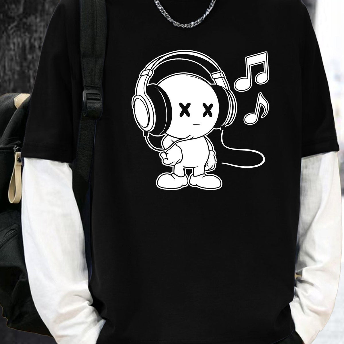 Unisex Langarm T-Shirt mit Cartoon-Print und Kopfhörern, Lagenlook