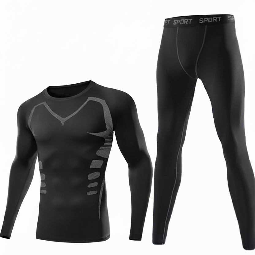 Sportliches Thermounterwäsche-Set Herren Kompressions-Shirt & Hose Schwarz