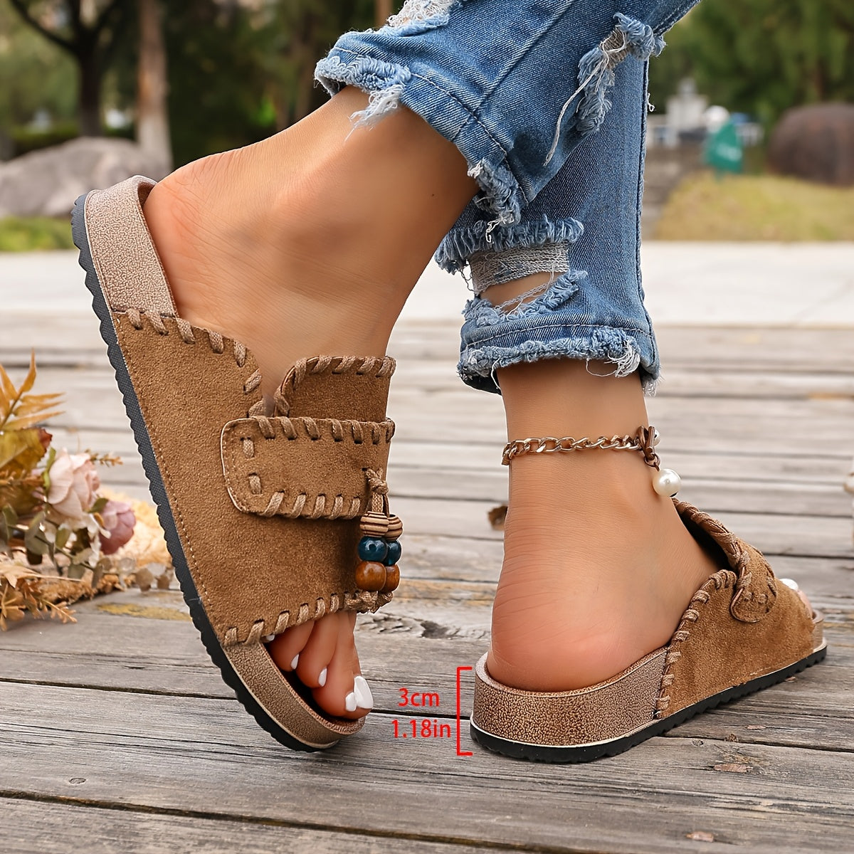 Damen Boho Pantoletten mit Perlendetails – Bequeme Sommerschuhe für Freizeit und Urlaub