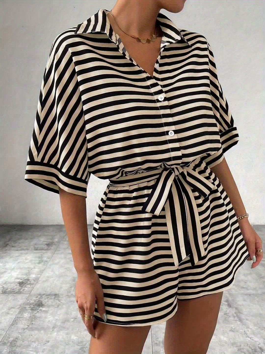 Damen Sommer Streifen Overall – Modischer Freizeit Jumpsuit mit Gürtel