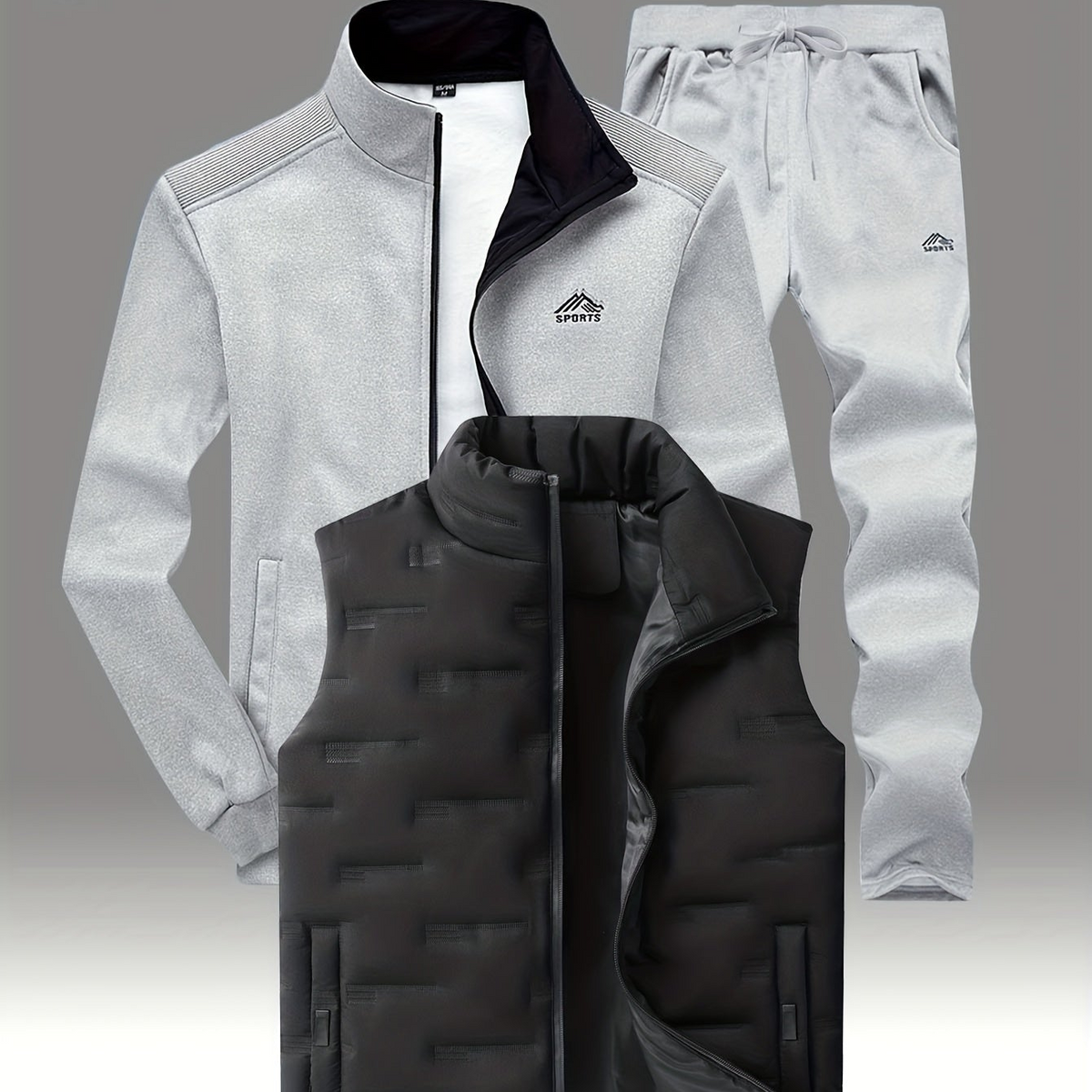 Herren 3-teiliger Sportanzug mit Stehkragen Jacke, Jogginghose & Steppweste