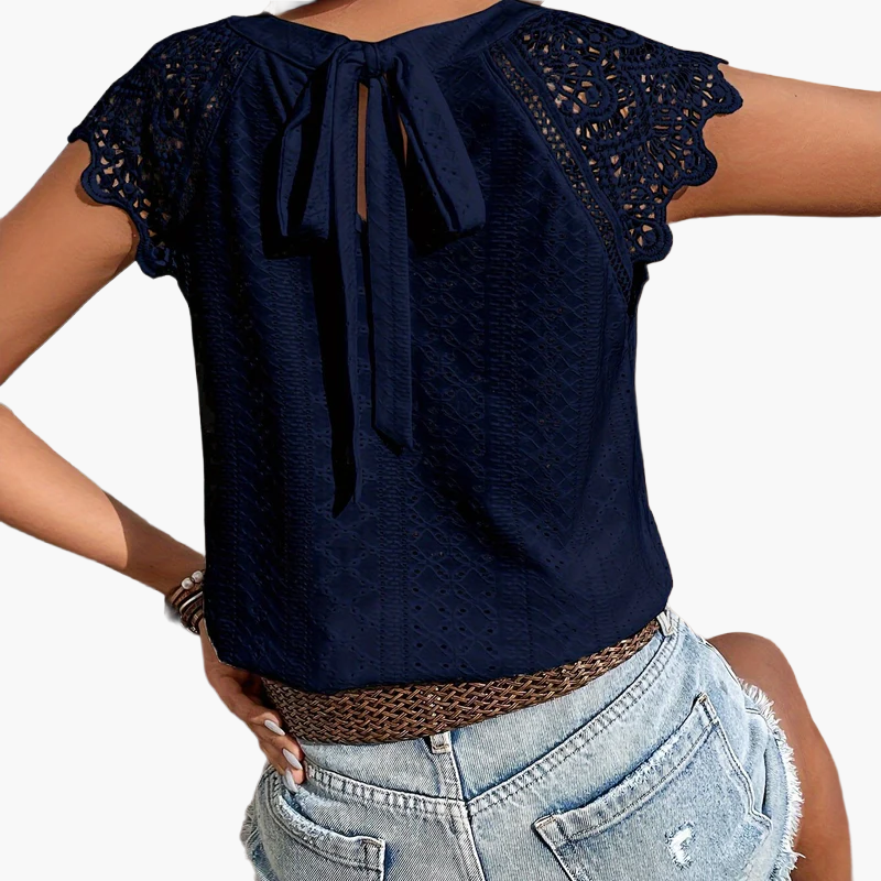 Damen Häkel-Spitzenbluse mit Rückenschleife – Sommerlich, Boho, Casual