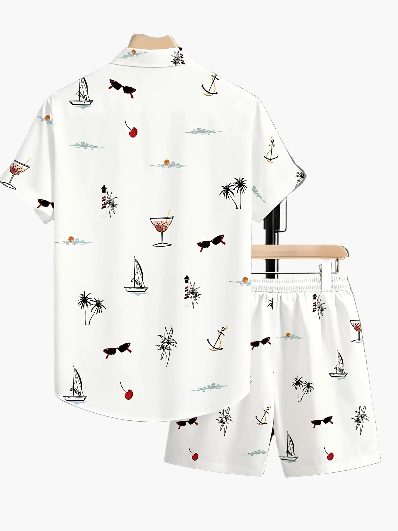 Herren Sommer Set – Kurzarm Hemd und Shorts mit maritimen Print, Freizeit Outfit für Urlaub und Strand