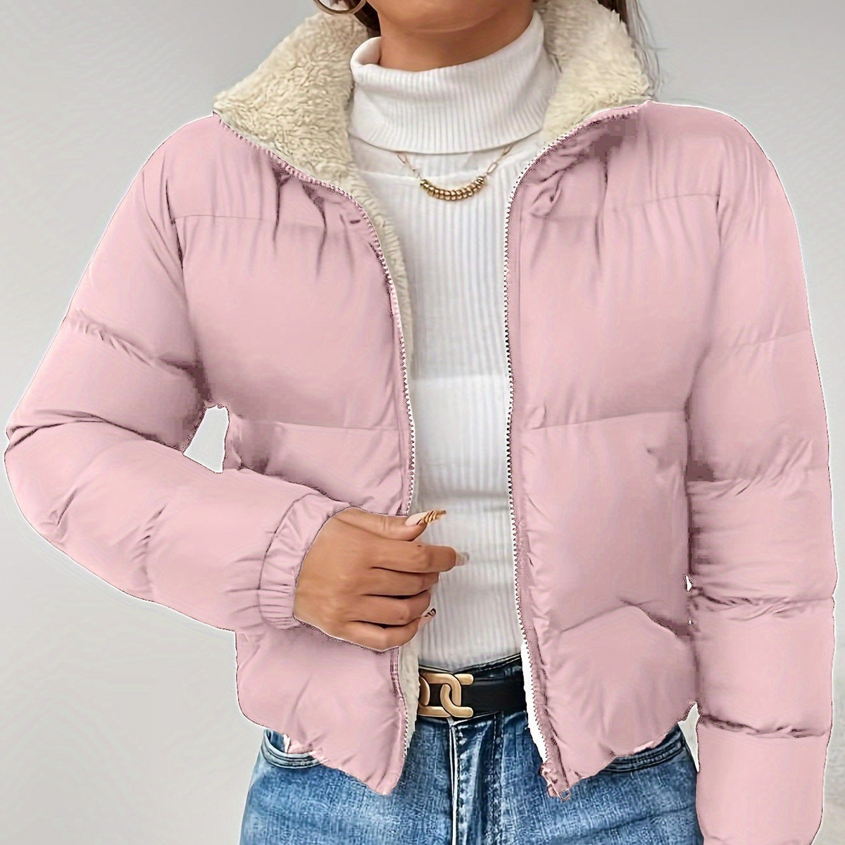 Damen Steppjacke mit Teddyfutter, kurz geschnitten, Reißverschluss