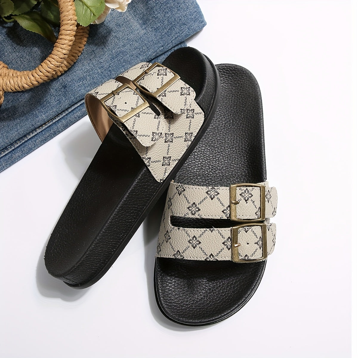 Damen Slide Sandalen mit Doppelriemen und Schnallen – Modische Freizeitschuhe für Alltag und Urlaub