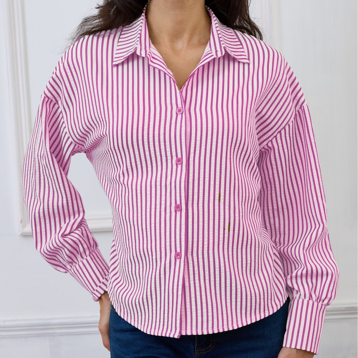 Damen Streifen Bluse mit Bindedetail hinten Langarm