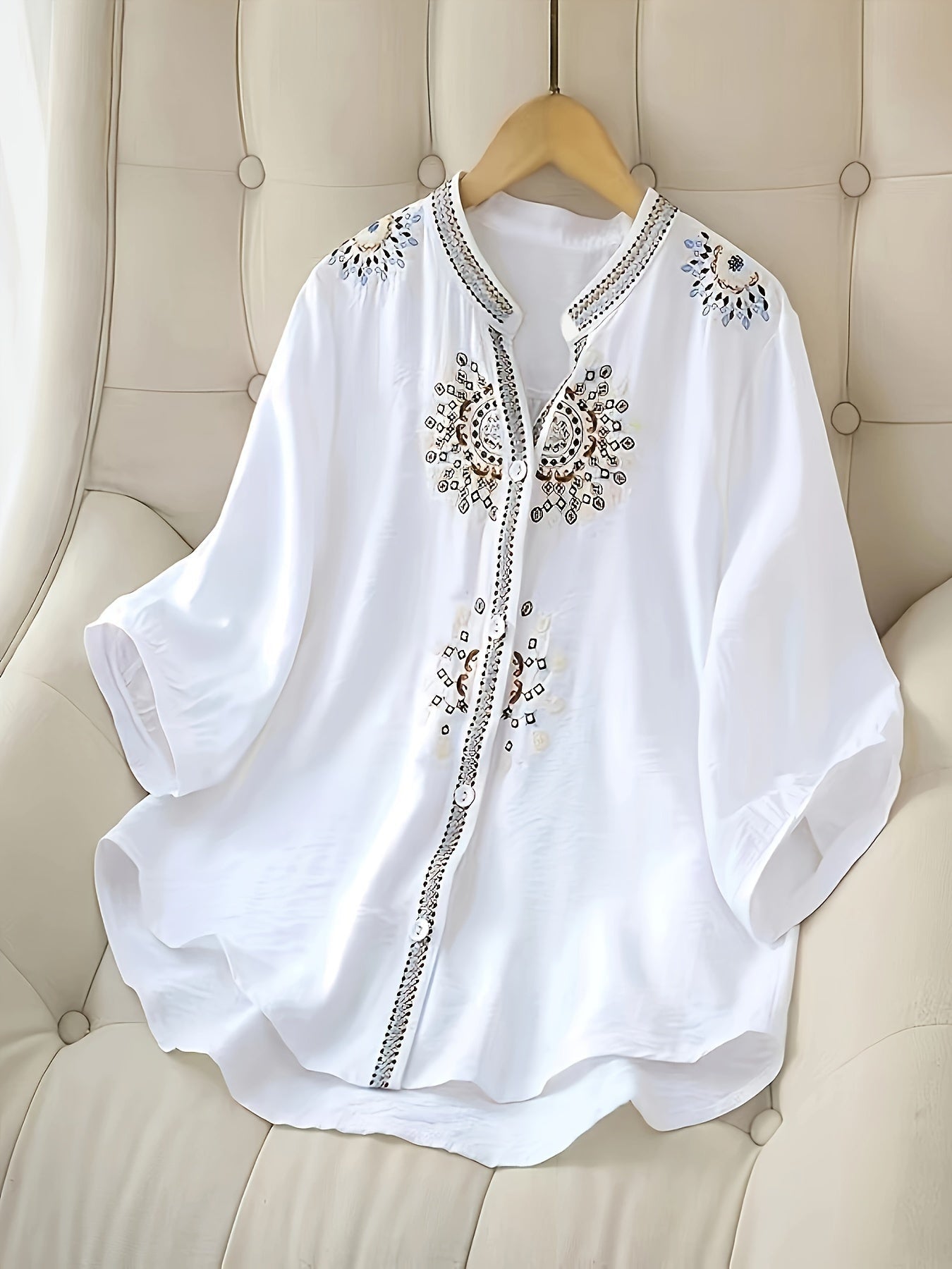 Damen Bluse Elegant Bestickt mit 3/4-Ärmeln für Alltag und Büro