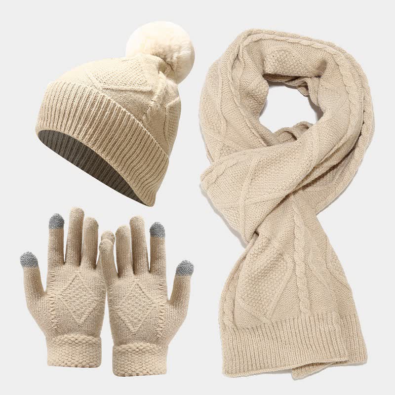 Strickmütze Schal Handschuhe Set mit Bommel und Touchscreen-Funktion