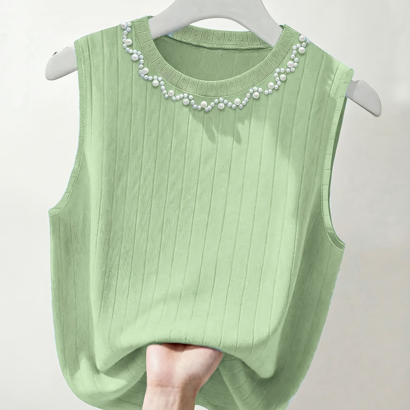 Damen Elegantes Stricktop mit Perlenbesatz – Ärmelloses Oberteil für modische Anlässe