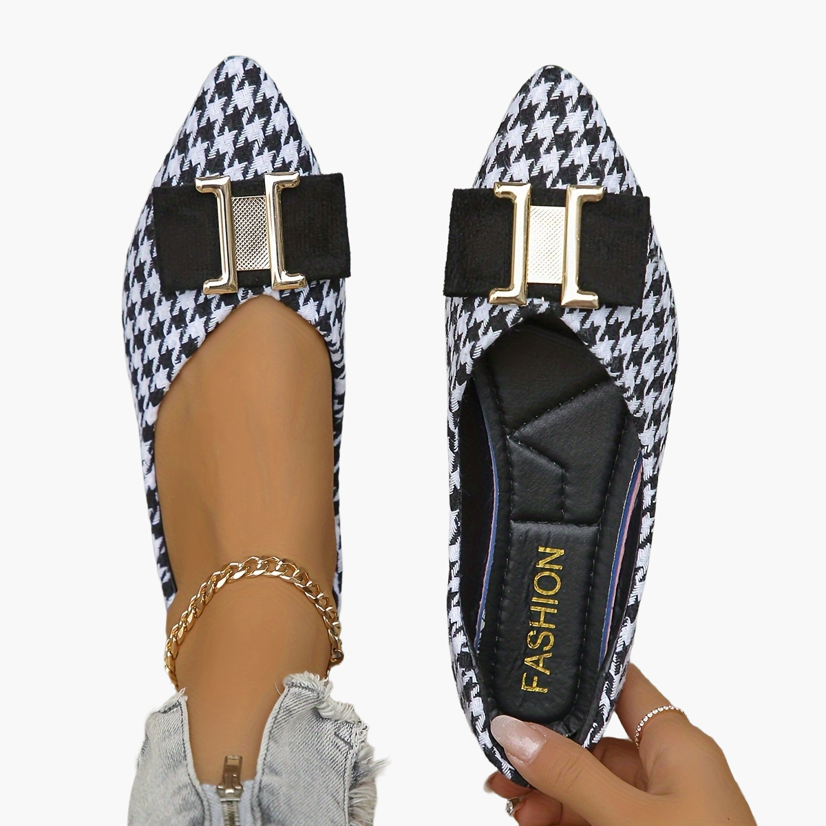 Damen Elegante Houndstooth Ballerinas mit Schleifen-Detail – Modische Flats für Alltag und Büro
