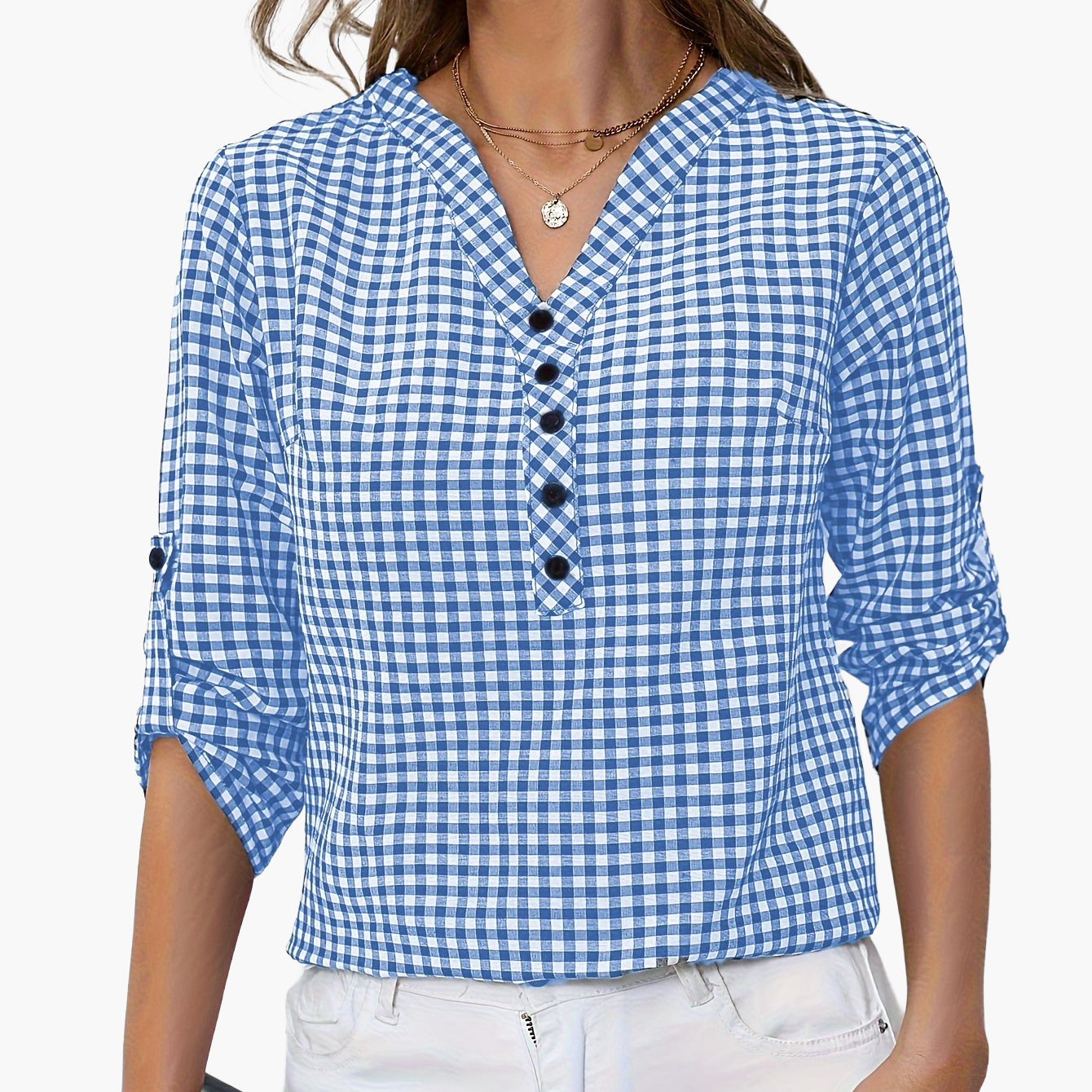 Damen Casual Karo Bluse mit Knopfleiste und 3/4-Ärmeln – Perfekt für Alltag & Büro