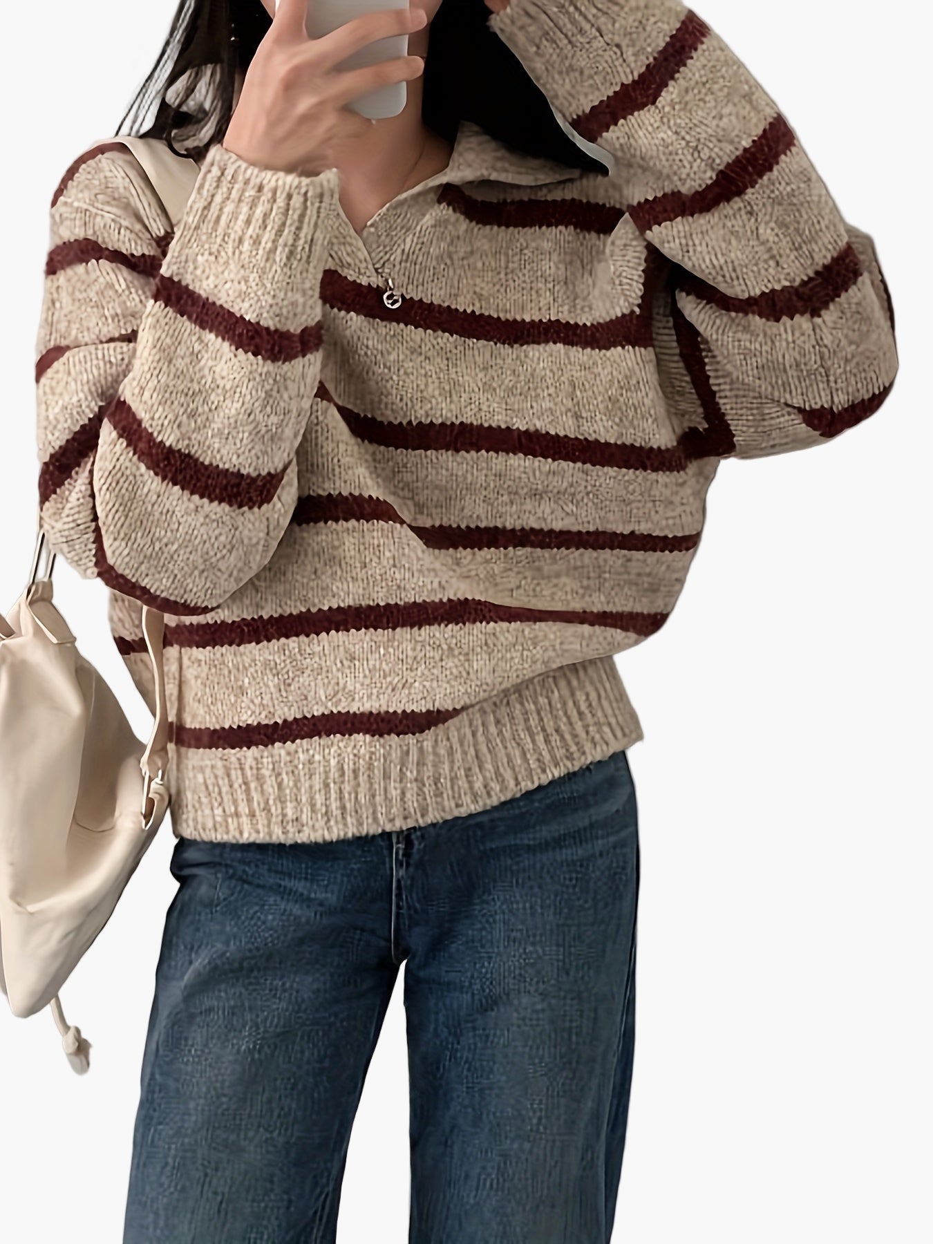 Damen Strickpullover mit Streifenmuster und Polokragen – Eleganter Herbst/Winter Sweater