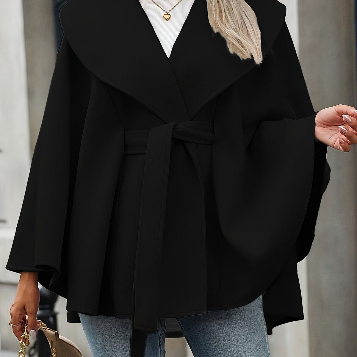 Damen Cape Mantel mit Gürtel und breitem Reverskragen