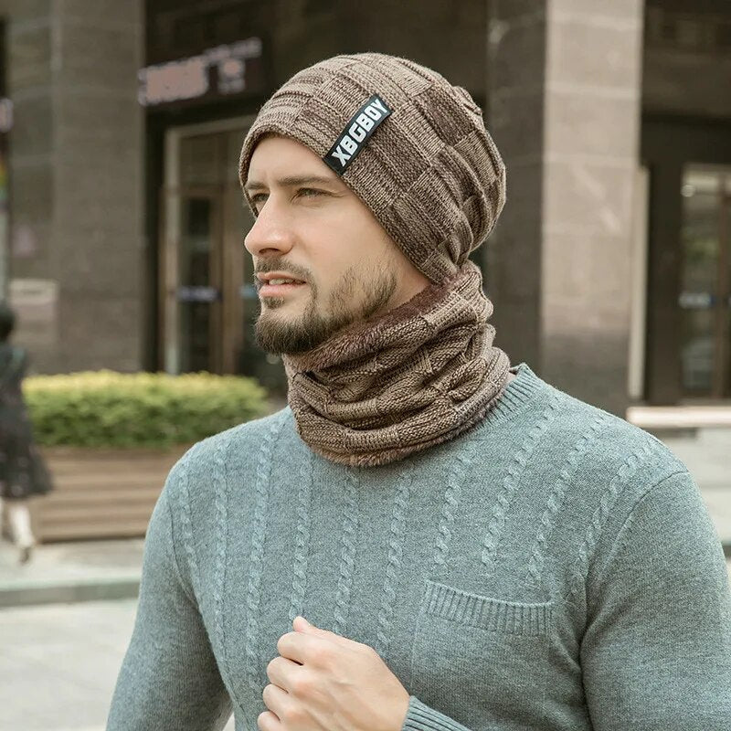 Winter Beanie Mütze & Schlauchschal Set Herren, Warme Strickmütze mit Fleece Futter, Winterset mit Nackenwärmer